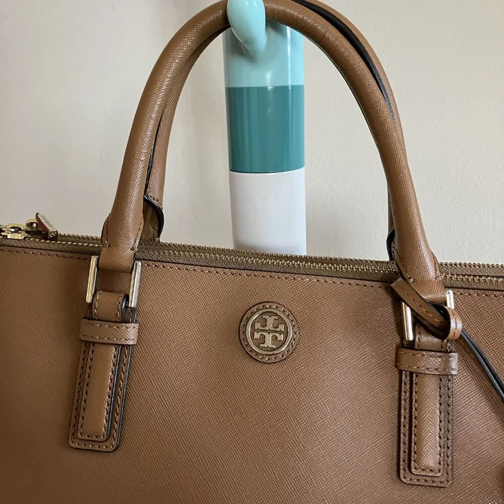 Tory Burch Double Zipper Beige/Tan Leather Tote Bag Top Handle & Strap - Picture 12 of 15